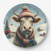 Boerderij Koe in Preppy Winter Kleding en Pet Wint Papieren Bordje (Voorkant)