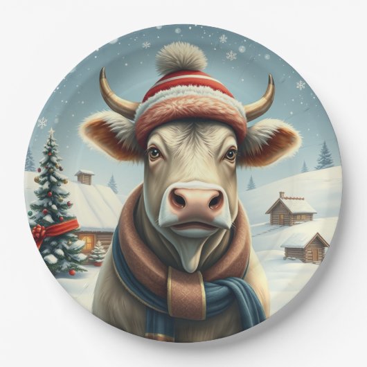Boerderij Koe in Preppy Winter Kleding en Pet Wint Papieren Bordje (Voorkant)