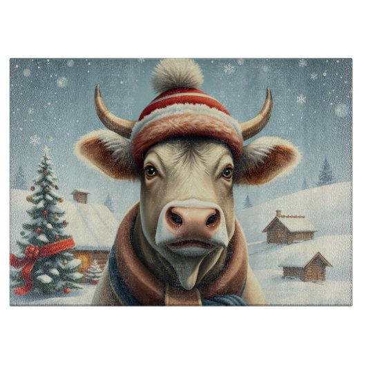 Boerderij Koe in Preppy Winter Kleding en Pet Wint Snijplank (Voorkant)