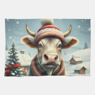 Boerderij Koe in Preppy Winter Kleding en Pet Wint Theedoek