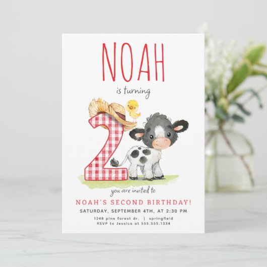 Boerderij Koe Tweede Verjaardagsuitnodiging Kaart (Staand voorkant)