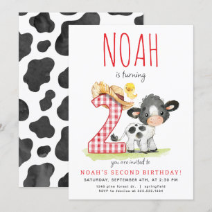 Boerderij Koe Tweede Verjaardagsuitnodiging Kaart