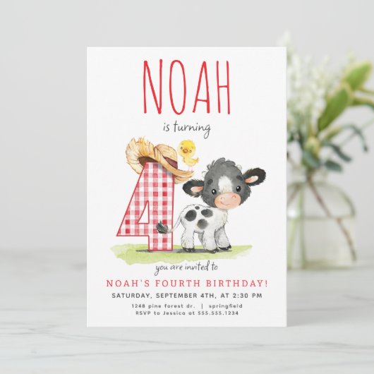 Boerderij Koe Vierde Verjaardagsuitnodiging Kaart (Staand voorkant)