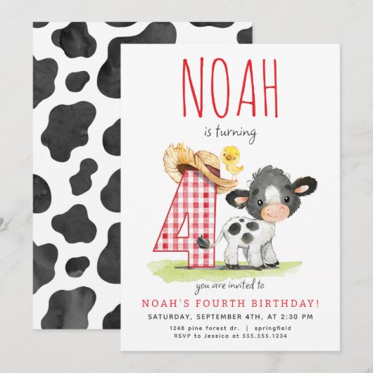Boerderij Koe Vierde Verjaardagsuitnodiging Kaart (Voorkant / Achterkant)
