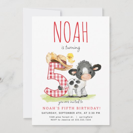 Boerderij Koe Vijfde Verjaardagsuitnodiging Kaart (Voorkant)
