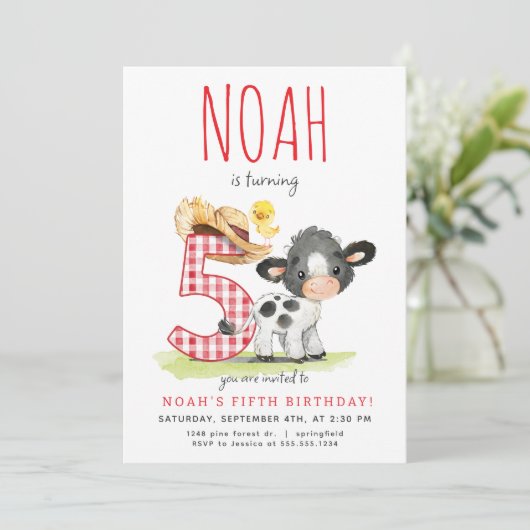 Boerderij Koe Vijfde Verjaardagsuitnodiging Kaart (Staand voorkant)
