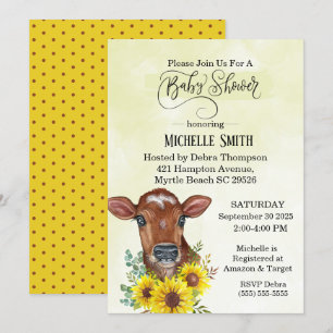 Boerderij Koe Zonnebloem Geel Waterverf Baby showe Kaart