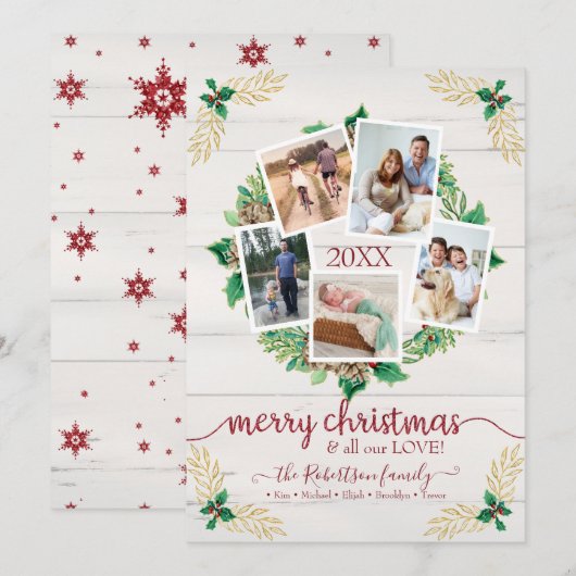 Boerderij Krans Kerstscript w Familiefoto's Feestdagenkaart (Voorkant / Achterkant)