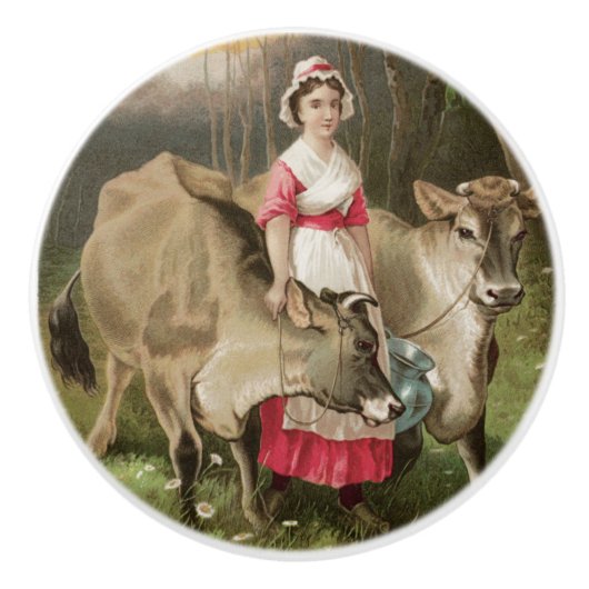  Boerderij Meisje en Koe Keramische Knop (Voorkant)