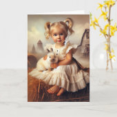 Boerderij meisje met huisdier konijn kaart (Gele Bloem)