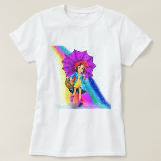 Boerderij Meisje met Umbrella Rainbow T-Shirt (Design voorkant)