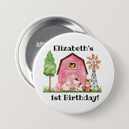 Boerderij met de naam First Birthday - Name Button (Voorkant /achterkant)