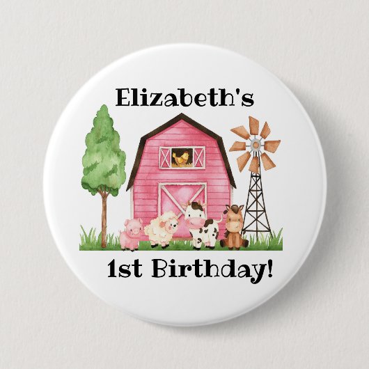 Boerderij met de naam First Birthday - Name Button (Voorkant)