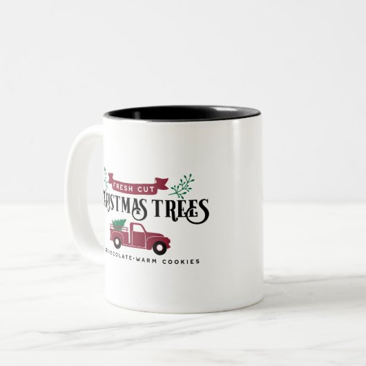 Boerderij met kerstbomen en  vrachtwagen tweekleurige koffiemok (Voorkant links)