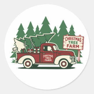 Boerderij met kerstbomen in vintage vrachtwagen ronde sticker