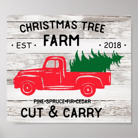 Boerderij met kerstbomen met  Red Pick-up Truck Poster (Voorkant)