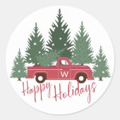 Boerderij met kerstbomen Rood  vrachtwagen Ronde Sticker (Voorkant)
