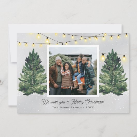 Boerderij met kerstboomfoto's uit de bijtende fami feestdagenkaart (Voorkant)