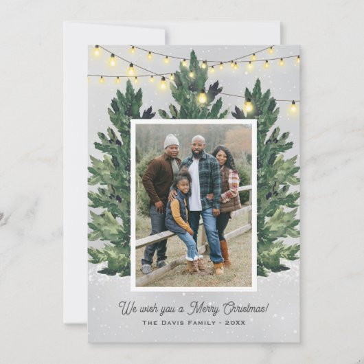 Boerderij met kerstboomfoto's uit de bijtende fami feestdagenkaart (Voorkant)