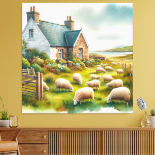 Boerderij met schapen op canvas print