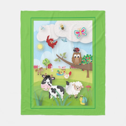 Boerderij met schattige dieren Scène op groen Fleece Deken (Voorkant)
