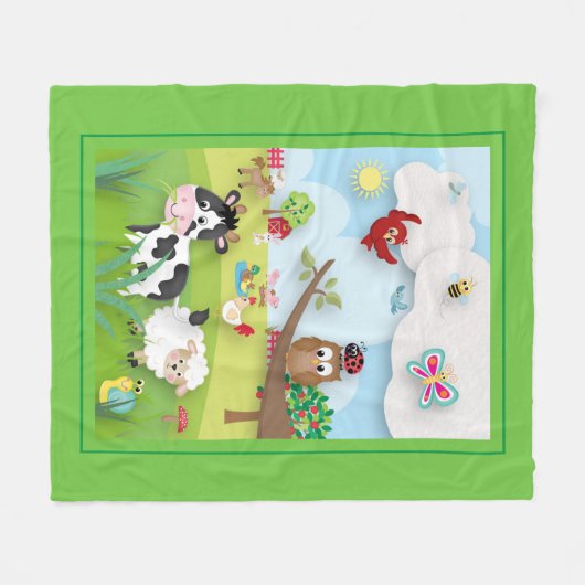 Boerderij met schattige dieren Scène op groen Fleece Deken (Voorkant (Horizontaal))