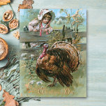 Boerderij met Thanksgiving Turkije Briefkaart<br><div class="desc">Charmante nostalgische gerestaureerde  Thanksgiving wenskaart met schattig boerderijen meisje in motorkap op een rustiek hek kijken naar een mollige Tom kalkoen met boerderijen huis in de verte en gouden Thanksgiving dag groet.</div>