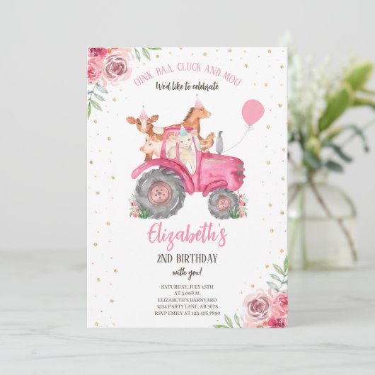 Boerderij Party Dieren Roze Tractor Kaart (Staand voorkant)