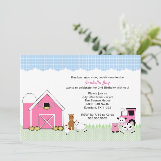 Boerderij Petting Zoo Girl Birthday Party nodigt u Kaart (Staand voorkant)