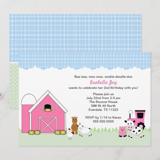 Boerderij Petting Zoo Girl Birthday Party nodigt u Kaart (Voorkant / Achterkant)