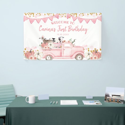 Boerderij Pompoen Roze Vrachtwagen Drive Door Verj Spandoek (Beurs)