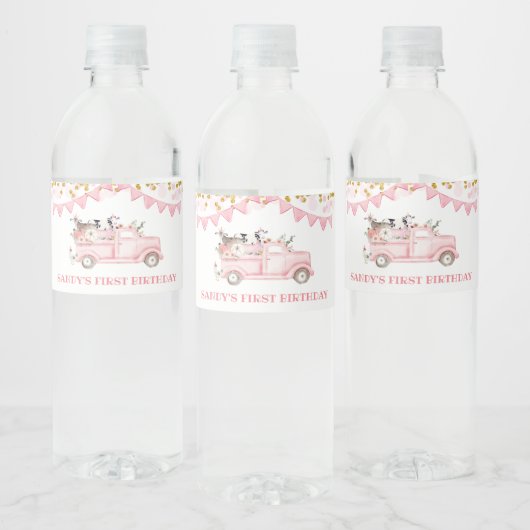 Boerderij Pompoen Roze Vrachtwagen Rijden Door Her Waterfles Etiket (Flessen)