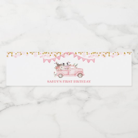 Boerderij Pompoen Roze Vrachtwagen Rijden Door Her Waterfles Etiket (Enkel label)