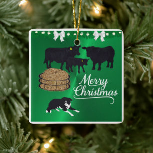 Boerderij Ranch Black Angus Rundvee en Hond Kerstm Keramisch Ornament