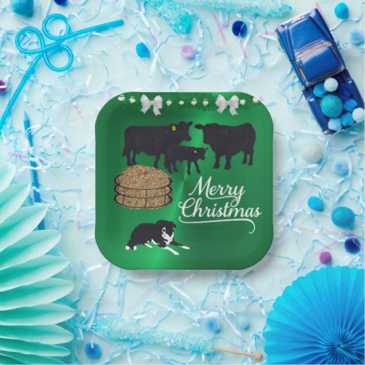 Boerderij Ranch Black Angus Rundvee en Hond Kerstm Papieren Bordje (Feest)