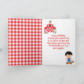 Boerderij Red Barn Black Hair Boy Happy Birthday Kaart (Binnen)