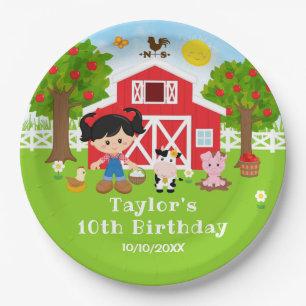 Boerderij Red Barn Black Hair Girl Birthday Party Papieren Bordje