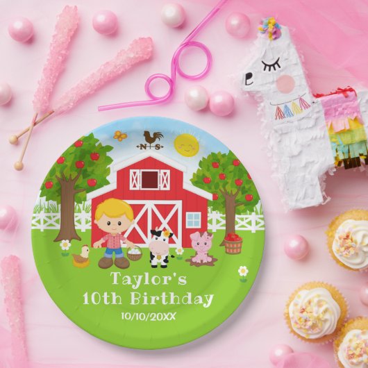 Boerderij Red Barn Blonde Hair Boy Birthday Party Papieren Bordje (Feest)