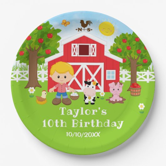 Boerderij Red Barn Blonde Hair Boy Birthday Party Papieren Bordje (Voorkant)