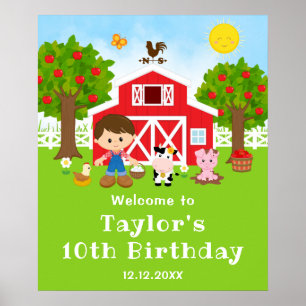 Boerderij Red Barn Brown Hair Boy Birthday Welkom Poster