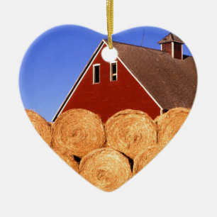 Boerderij Red Barn Hay Bales Keramisch Ornament