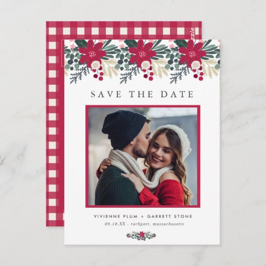 Boerderij Rode Bloemen Plaid Bruiloft Save the Dat Briefkaart (Voorkant / Achterkant)