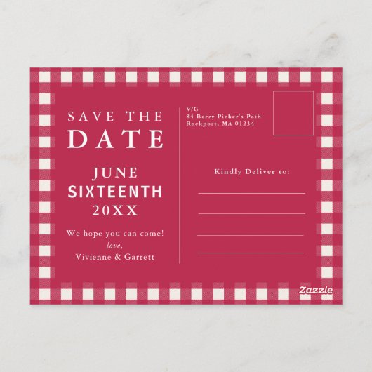 Boerderij Rode Bloemen Plaid Bruiloft Save the Dat Briefkaart (Achterkant)