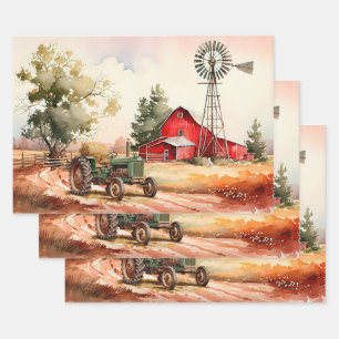 Boerderij Rode Schuur Tractor Landschap Decoupage Inpakpapier Vel