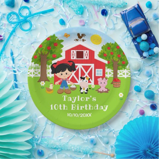 Boerderij Rode Schuur Zwarte Haar Meisje Verjaarda Papieren Bordje (Feest)