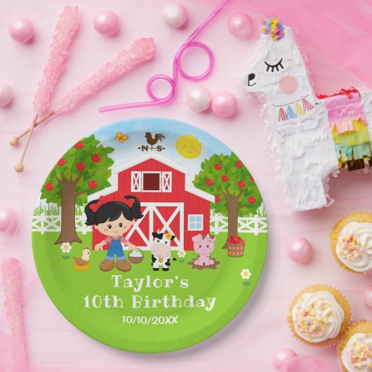 Boerderij Rode Schuur Zwarte Haar Meisje Verjaarda Papieren Bordje (Feest)