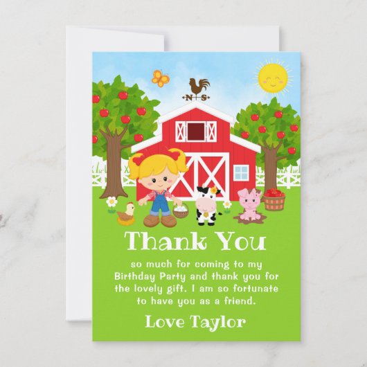 Boerderij Rode Verjaardag Blond Haar Meisje Bedankkaart (Voorkant)
