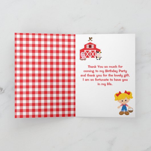 Boerderij Rode Verjaardag Blond Haar Meisje Bedankkaart (Binnen)