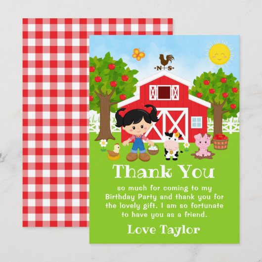 Boerderij Rode Verjaardag Zwart Haar Meisje Bedankkaart (Voorkant / Achterkant)