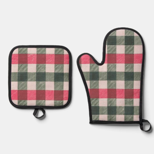 Boerderij rood en groen Gingham Ovenwant & Pannenlap Set (Voorkant)